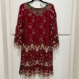 Red & Green Pakistani Outfit 3 Piece - shirt, banarsi pants, scarf